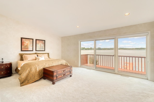 bedroom featuring carpet floors, recessed lighting, visible vents, and access to exterior