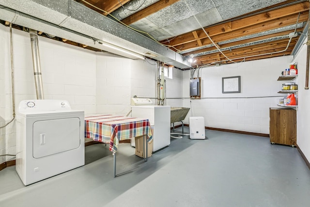 unfinished below grade area with concrete block wall, electric panel, and separate washer and dryer