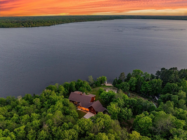 aerial view at dusk featuring a water view and a wooded view