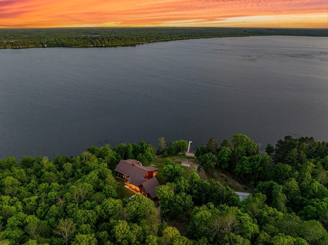 aerial view at dusk featuring a water view and a view of trees