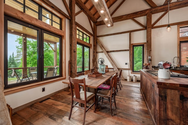 dining space featuring high vaulted ceiling, beam ceiling, dark wood finished floors, and visible vents