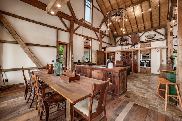 dining space with high vaulted ceiling, beamed ceiling, wood-type flooring, and wood ceiling