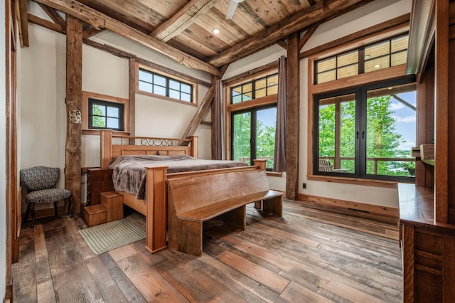 bedroom with wooden ceiling, baseboards, beamed ceiling, and hardwood / wood-style floors