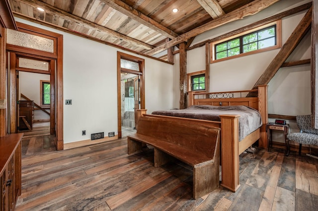 bedroom featuring wood ceiling, wood-type flooring, and beamed ceiling