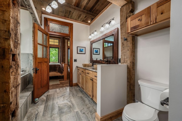 ensuite bathroom featuring toilet, ensuite bath, wood ceiling, marble finish floor, and vanity