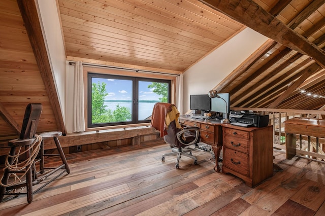 office featuring vaulted ceiling with beams, wood ceiling, and hardwood / wood-style floors