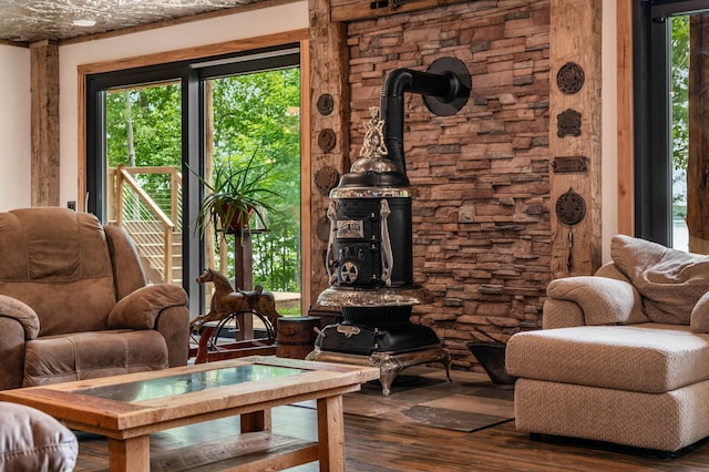 living room featuring a wood stove, a healthy amount of sunlight, and dark wood finished floors