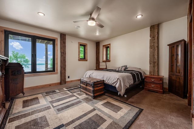 bedroom featuring recessed lighting, a ceiling fan, and baseboards