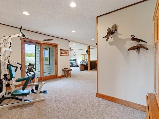 6167 24th St SW, Pine River, MN 56474 - exercise room with carpet flooring, recessed lighting, a textured ceiling, and baseboards
