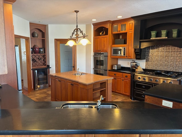 kitchen featuring appliances with stainless steel finishes, wine cooler, a sink, and open shelves