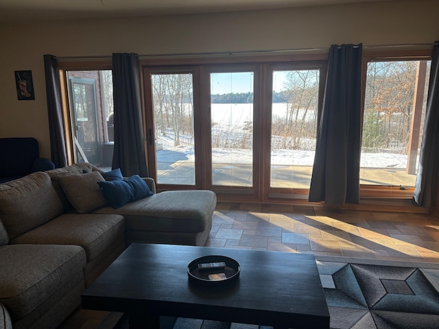 living room with a water view