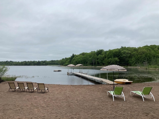 view of dock with a water view and a view of trees