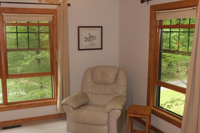 living area featuring baseboards, visible vents, and a wealth of natural light