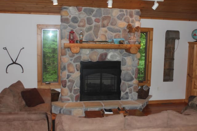 living area featuring wood ceiling, a fireplace, track lighting, and wood finished floors