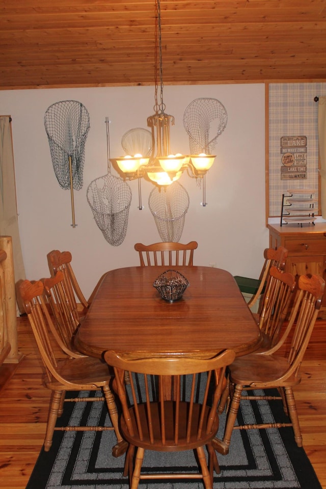 dining room featuring wooden ceiling, wood finished floors, and an inviting chandelier