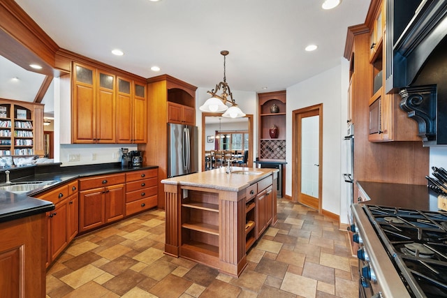 7251 County Rd B, Siren Twp, WI 54872 - kitchen featuring brown cabinets, stove, open shelves, a sink, and freestanding refrigerator