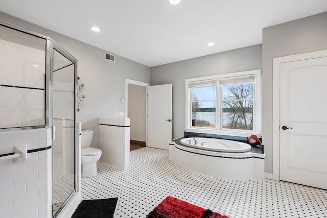 7251 County Rd B, Siren Twp, WI 54872 - full bath featuring a shower stall, visible vents, toilet, a water view, and a bath