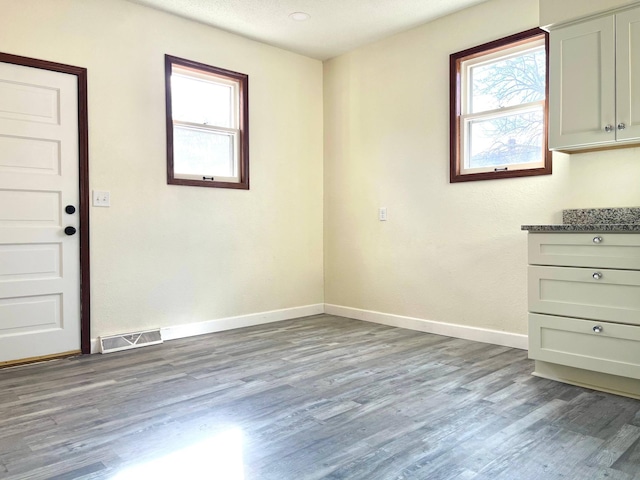 unfurnished dining area featuring plenty of natural light, wood finished floors, visible vents, and baseboards