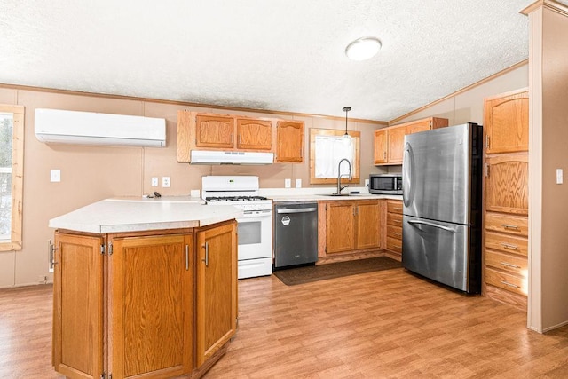 kitchen featuring light wood finished floors, appliances with stainless steel finishes, an AC wall unit, a sink, and under cabinet range hood