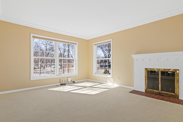 unfurnished living room with a fireplace, baseboards, carpet, and ornamental molding