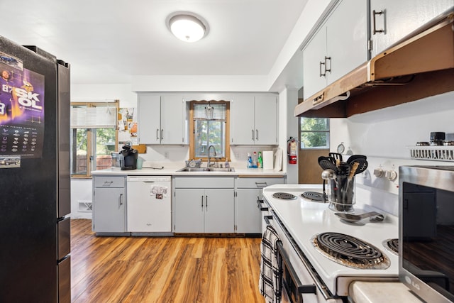 kitchen with under cabinet range hood, white appliances, a sink, light wood-style floors, and light countertops