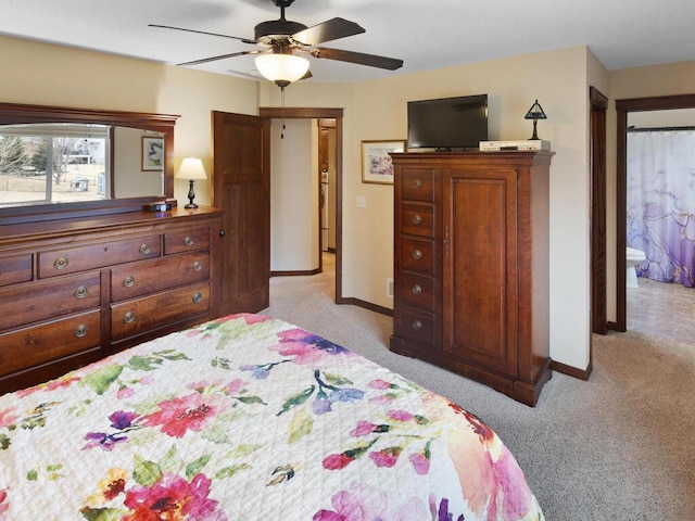 bedroom with light carpet, ceiling fan, and baseboards