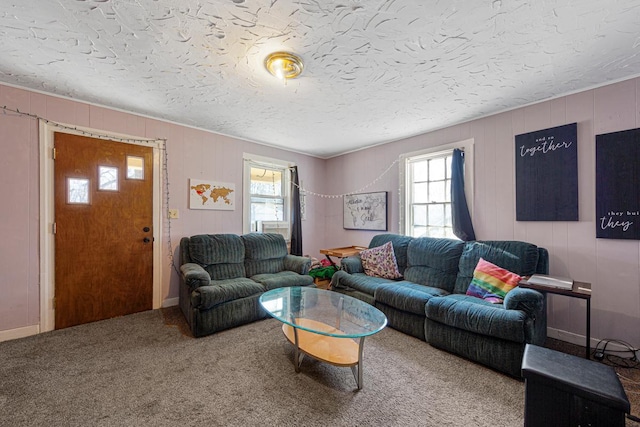 living area featuring carpet floors and a textured ceiling