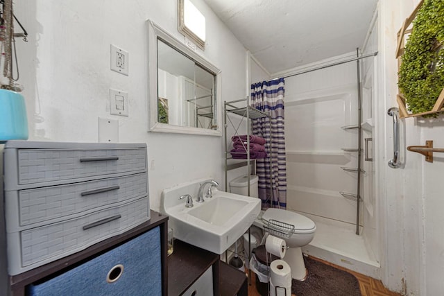 bathroom with a sink, toilet, and a shower with shower curtain