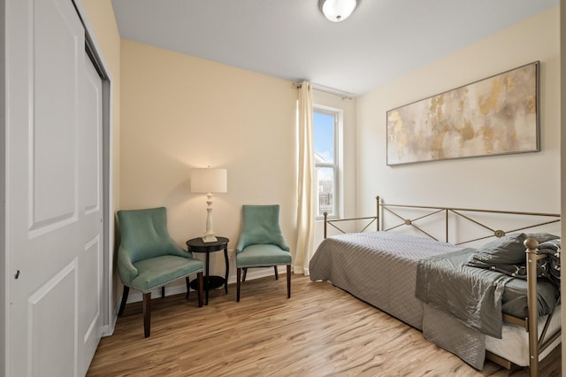 bedroom featuring wood finished floors and a closet