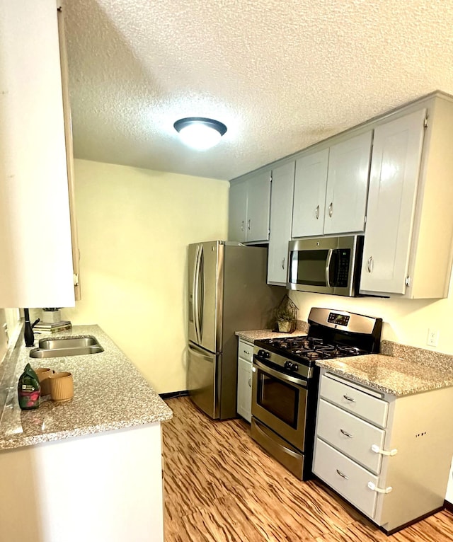 kitchen with light countertops, appliances with stainless steel finishes, light wood-type flooring, and a sink