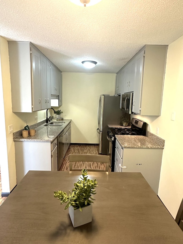 kitchen featuring stainless steel appliances, gray cabinets, a sink, and a textured ceiling