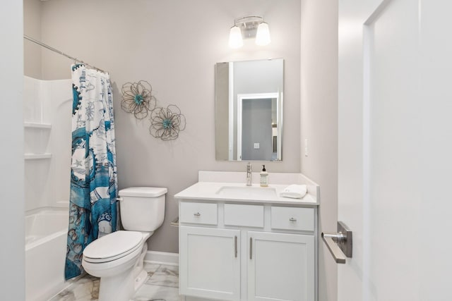 bathroom featuring baseboards, toilet, marble finish floor, shower / bathtub combination with curtain, and vanity