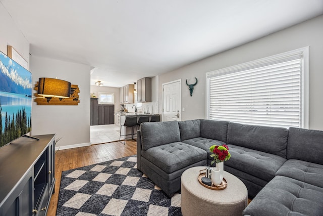 living room featuring dark wood-style floors and baseboards