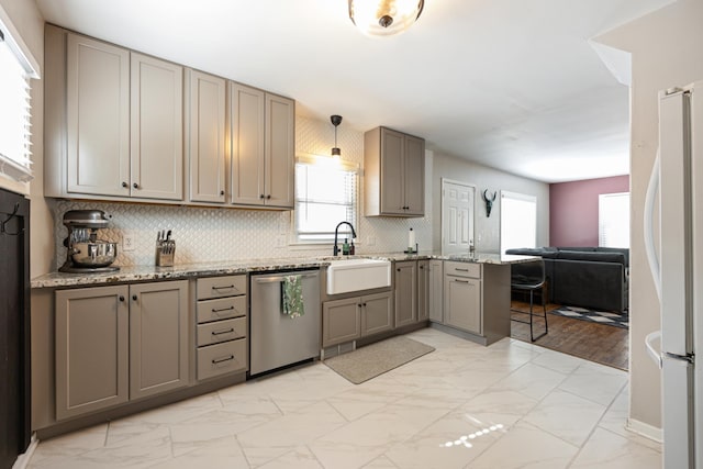 kitchen with dishwasher, marble finish floor, and gray cabinets