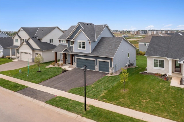 view of front of house with stone siding, aphalt driveway, roof with shingles, an attached garage, and a front lawn