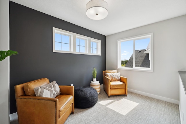 living area featuring carpet and baseboards