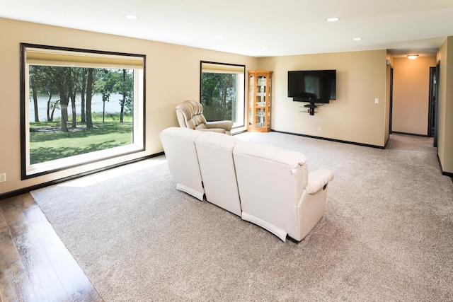 living room featuring baseboards, wood finished floors, and recessed lighting