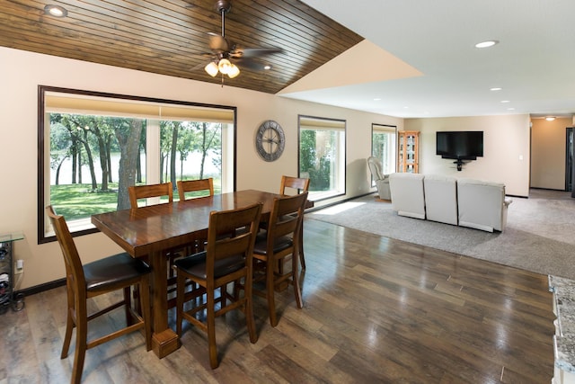 dining room featuring baseboards, lofted ceiling, wood ceiling, wood finished floors, and recessed lighting