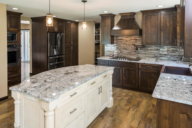 kitchen with dark brown cabinetry, stainless steel appliances, premium range hood, dark wood-type flooring, and a sink