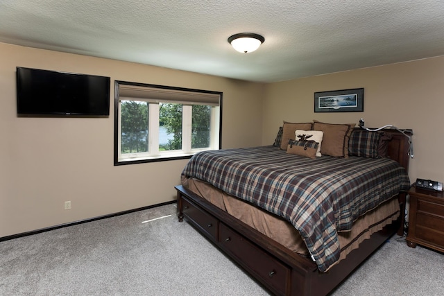 bedroom featuring baseboards, a textured ceiling, and light colored carpet