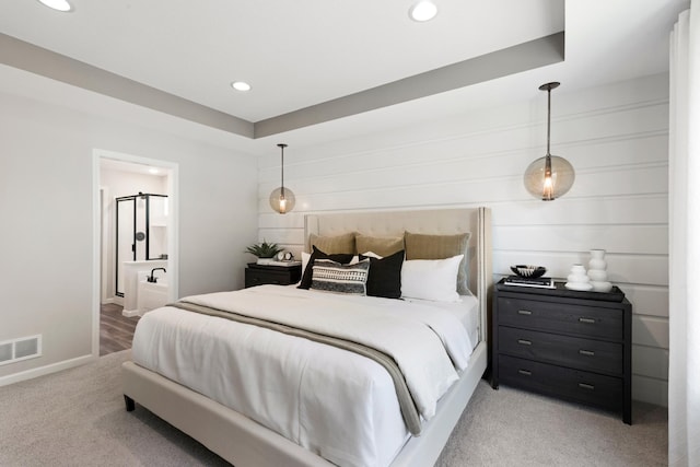 carpeted bedroom with recessed lighting, visible vents, and baseboards