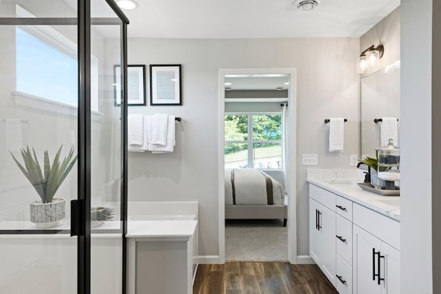 bathroom with double vanity, a stall shower, wood finished floors, ensuite bathroom, and a sink