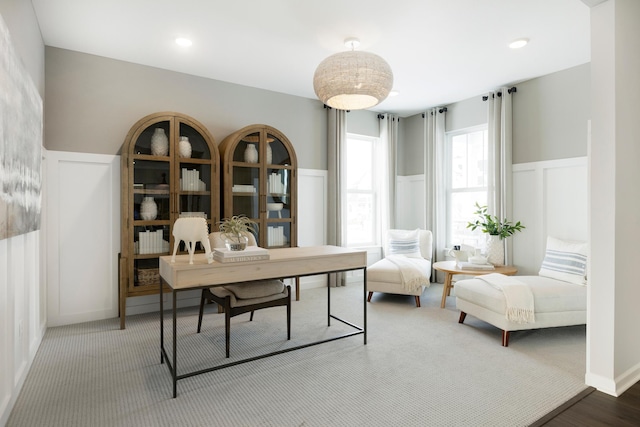 home office featuring recessed lighting, wainscoting, and a decorative wall