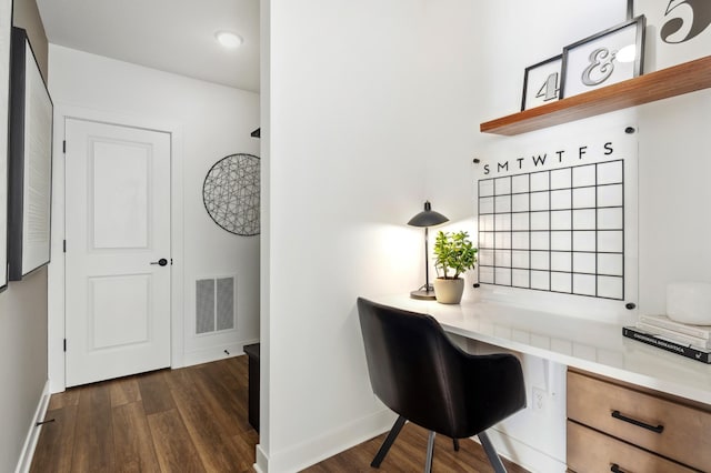 office space with baseboards, visible vents, dark wood-type flooring, and built in desk