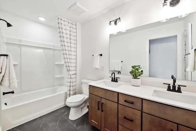 full bath featuring toilet, shower / bath combo, visible vents, and a sink