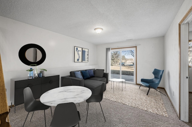 living room with carpet floors, baseboards, and a textured ceiling