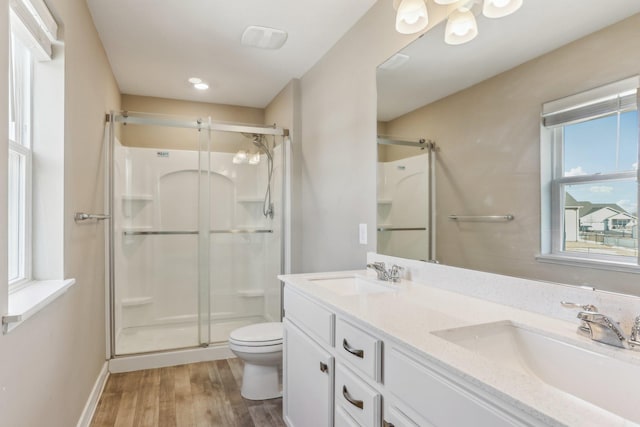 full bathroom featuring a sink, toilet, and a stall shower