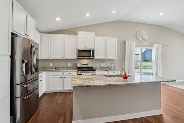 7295 Parson Ct NE, Otsego, MN 55330 - kitchen featuring vaulted ceiling, stainless steel appliances, dark wood-type flooring, and a sink