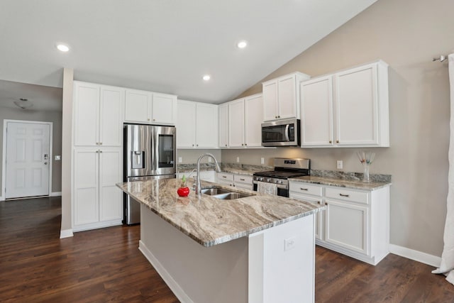 7295 Parson Ct NE, Otsego, MN 55330 - kitchen featuring light stone countertops, stainless steel appliances, an island with sink, and a sink