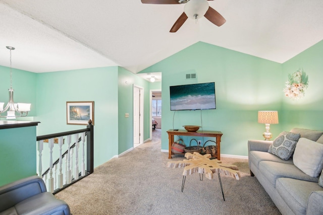 living room with lofted ceiling, visible vents, carpet flooring, a chandelier, and baseboards